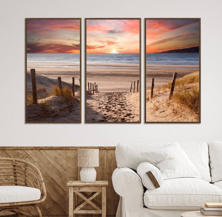 The Sunset on the Sea Wall Art Canvas Print beautifully captures a beach sunset and waves, enhanced with a UV-protective coating.