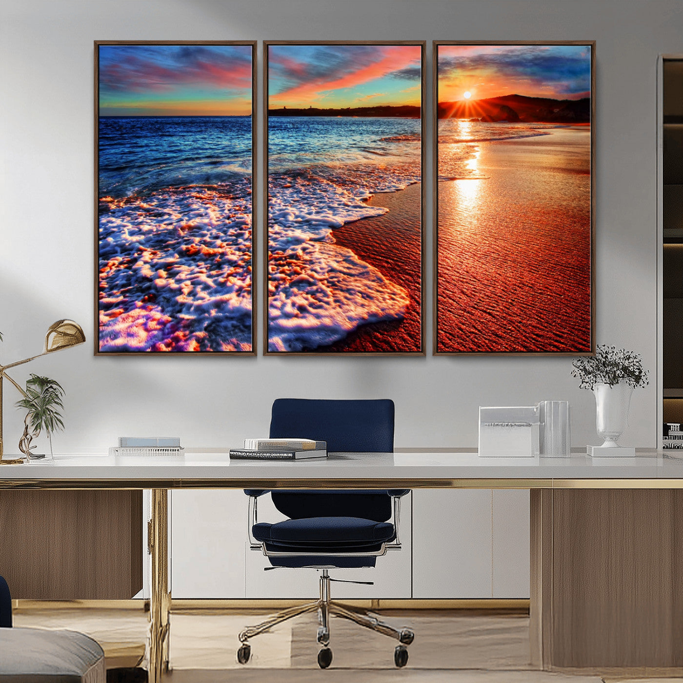 MGV-FC-48X32-3P - Colorful Coastal Sunset on the Beach Canvas Print, Ocean Waves Crashing at Dusk, Multi-Panel Seascape Vibrant Coastal Wall Art Canvas Print