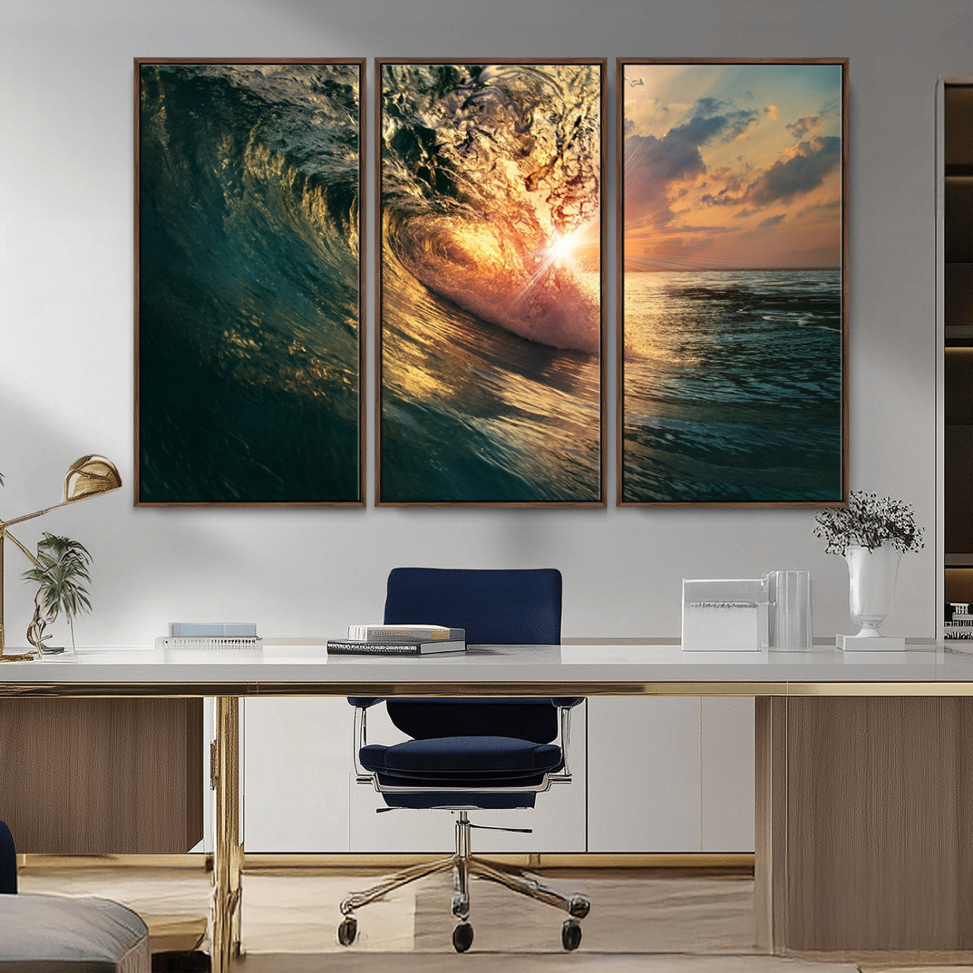 MGV-FC-48X32-3P - Ocean Wave Sunset Canvas Wall Art – Triptych Seascape Print – Framed and Ready to Hang for Living Room or Office