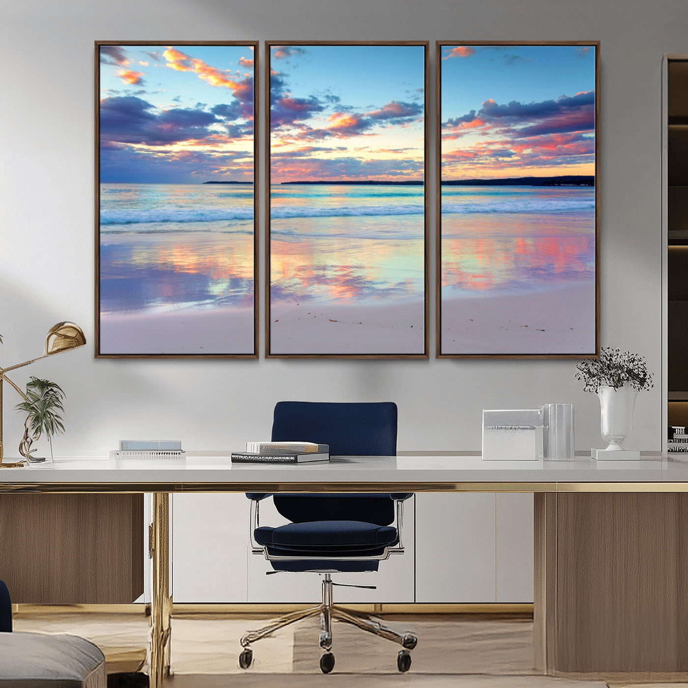 MGV-FC-48X32-3P - Tranquil Pastel Sunset Beach Triptych Canvas Art, Soothing Coastal Ocean Shoreline Giclee Print, Beach Reflections Wall Decor for Serene Spaces