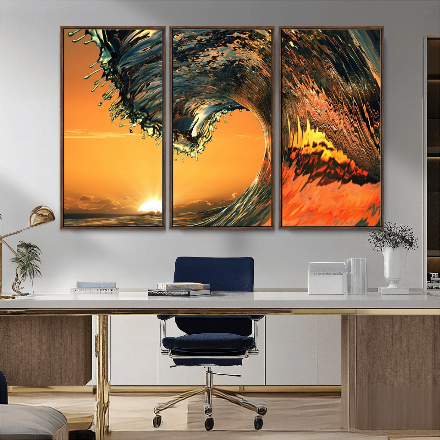 -Surf Wave Sunset Canvas Wall Art Print, 3-Panel Ocean Coastal Wall Art Print, Ocean Decor for