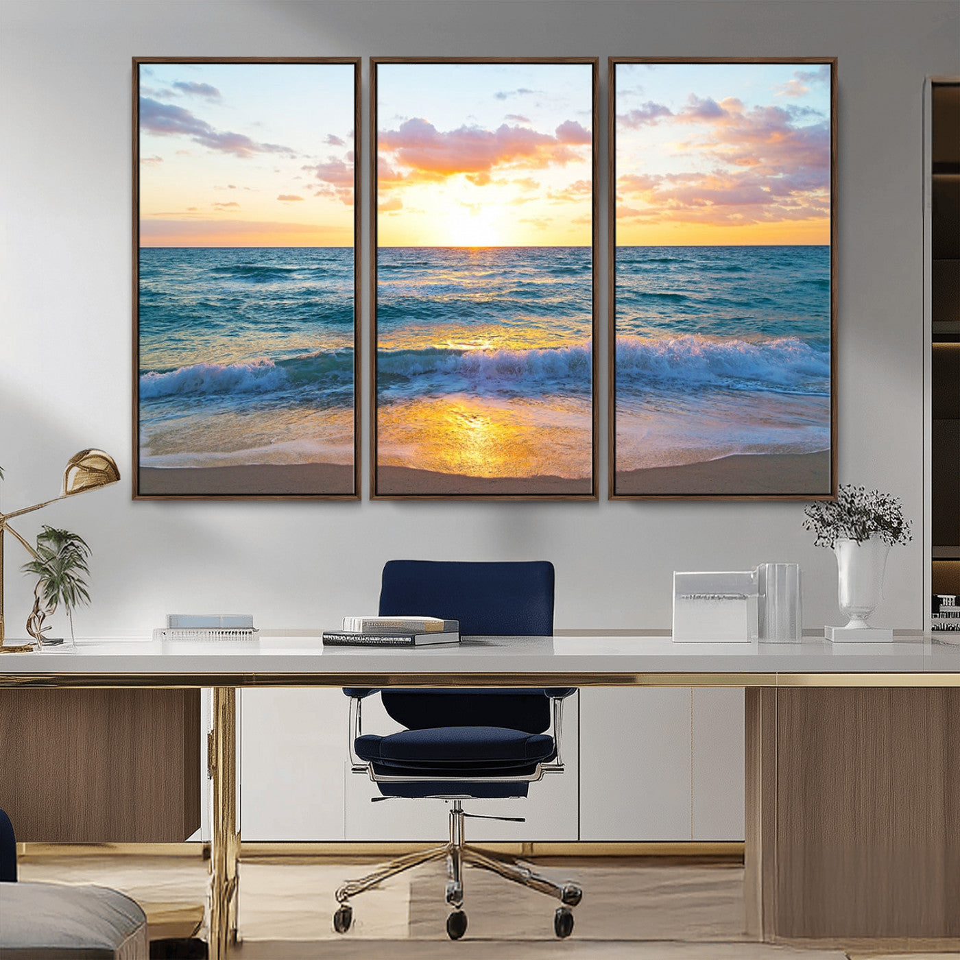 MGV-FC-48X32-3P - Ocean Sunset Triptych Canvas Wall Art, Giclee Beach Sunset Print with Gentle Waves, Coastal Art for Relaxation Spaces