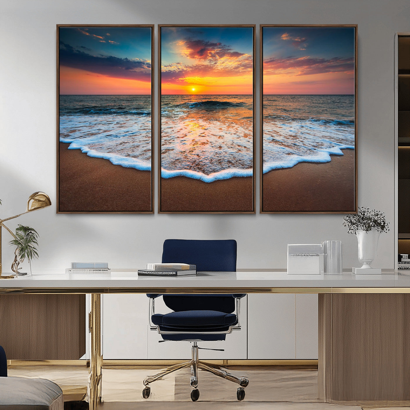 MGV-FC-48X32-3P - Sunset Beach Canvas Wall Art – Colorful Ocean Waves Triptych – Coastal Decor for Living Room or Bedroom – Framed and Ready to Hang