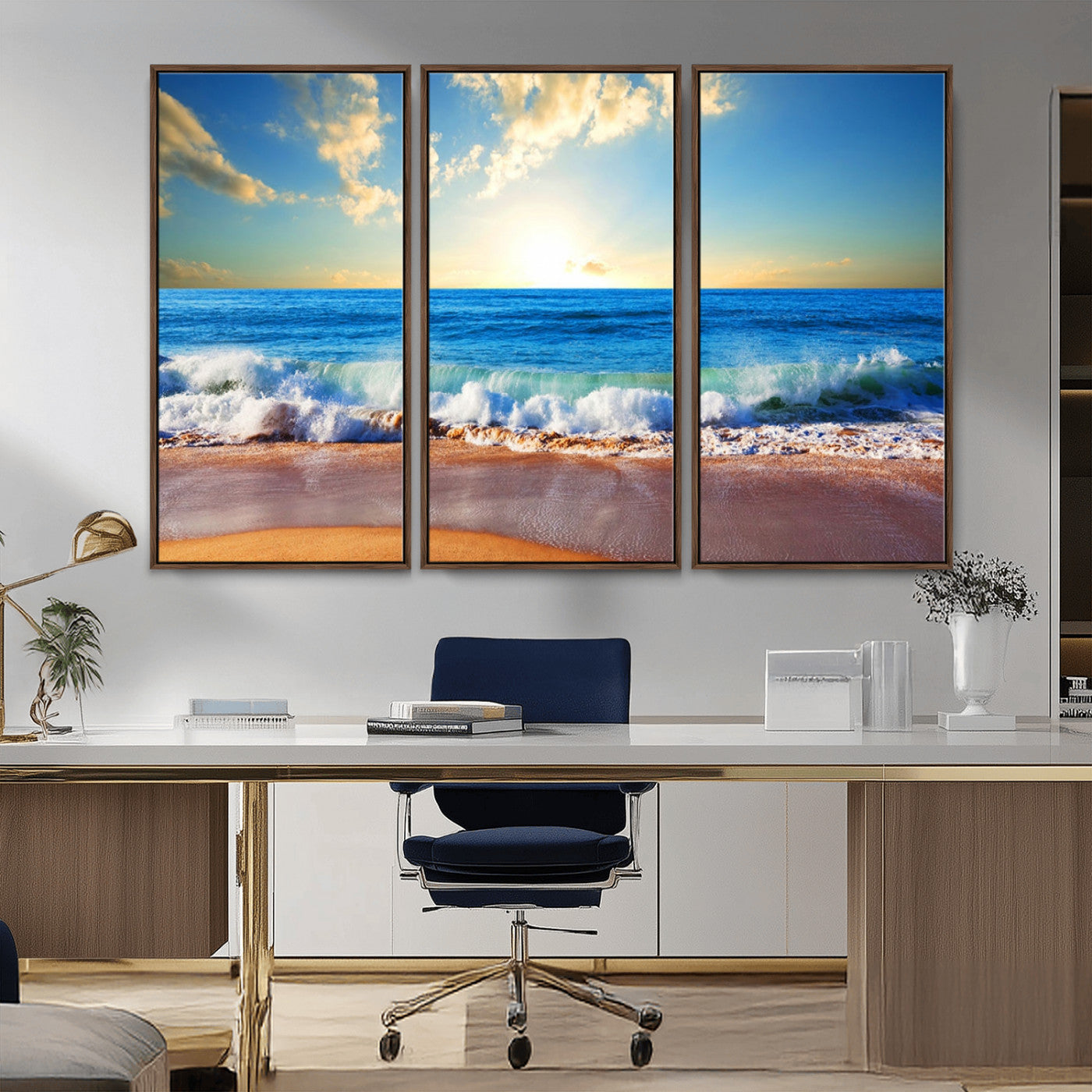 MGV-FC-48X32-3P - Tropical Beach Sunset Canvas Art, Ocean Waves and Sandy Shoreline Wall Art, Large Beach Decor for Coastal Homes