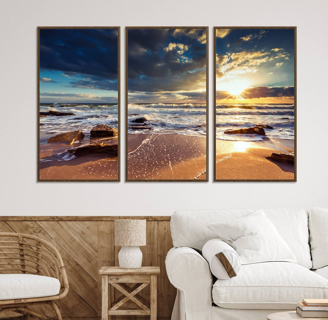 The Golden Hour Beach Sunset triptych adorns the wall with its captivating imagery.