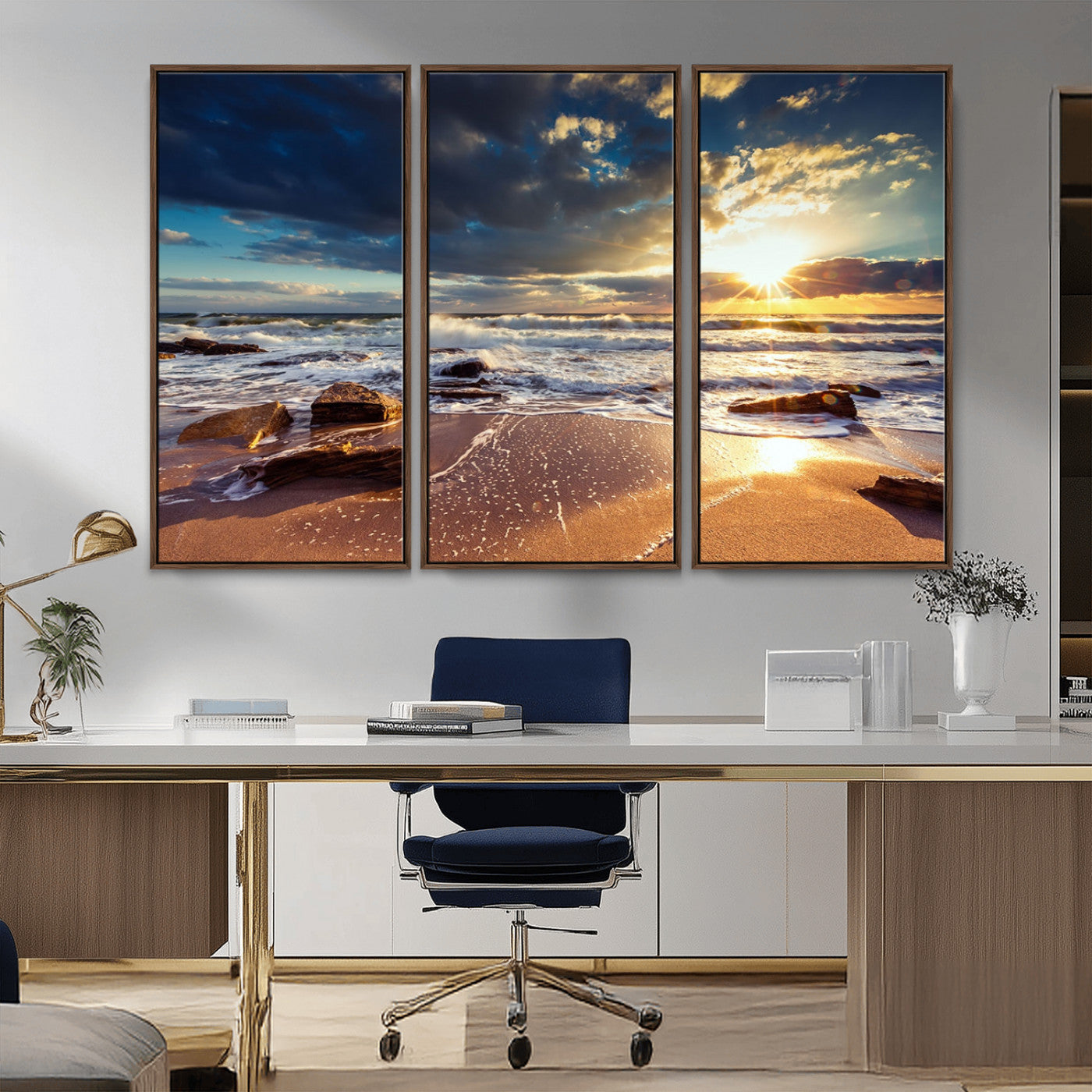 MGV-FC-48X32-3P - Golden Hour Beach Sunset Canvas Triptych, Ocean Waves and Rocks Wall Art for Coastal Home Decor