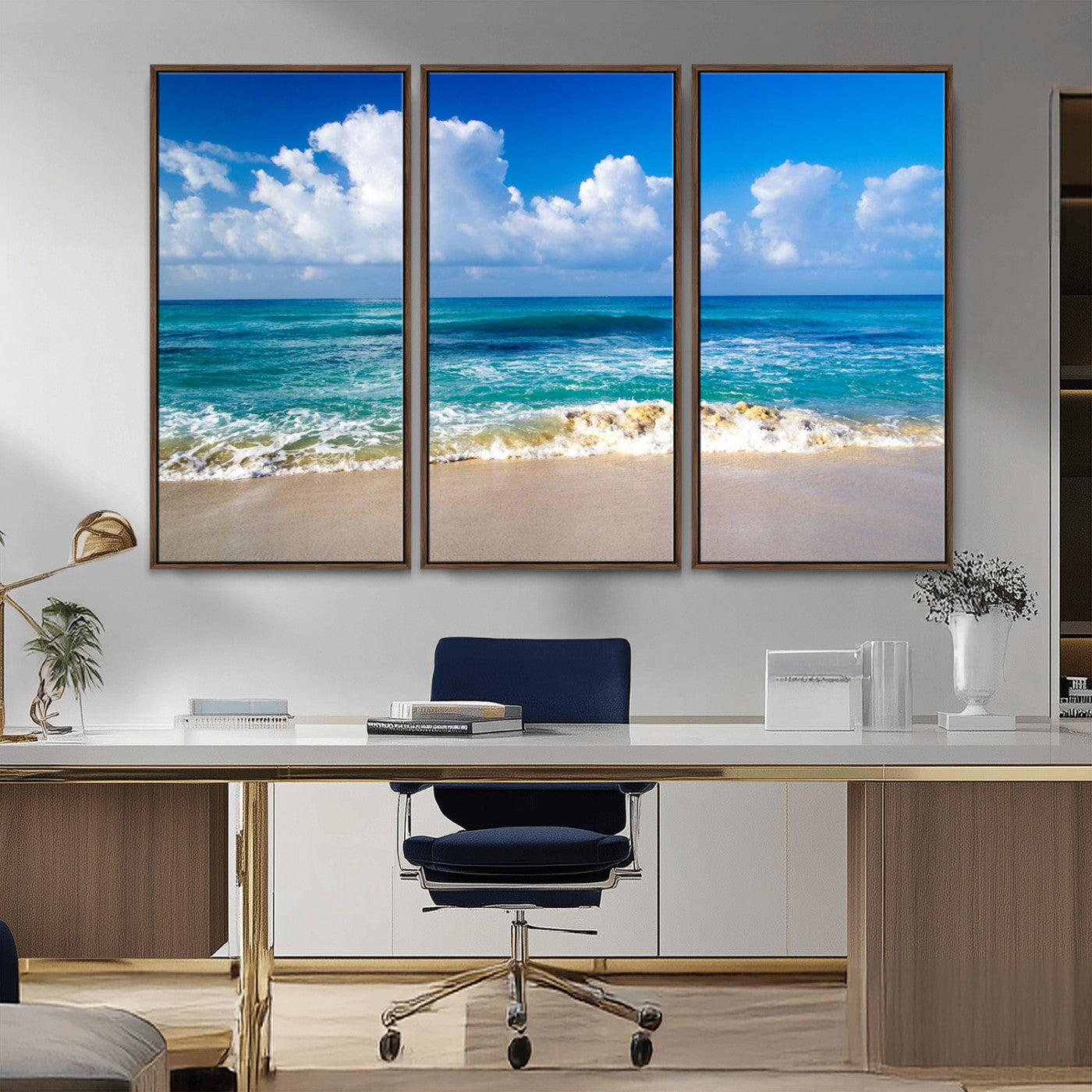 MGV-FC-48X32-3P - Tropical Beach 3-Panel Canvas Wall Art – Serene Ocean Waves and Blue Sky – Giclée Print for Living Room, Office, or Bedroom Coastal Decor