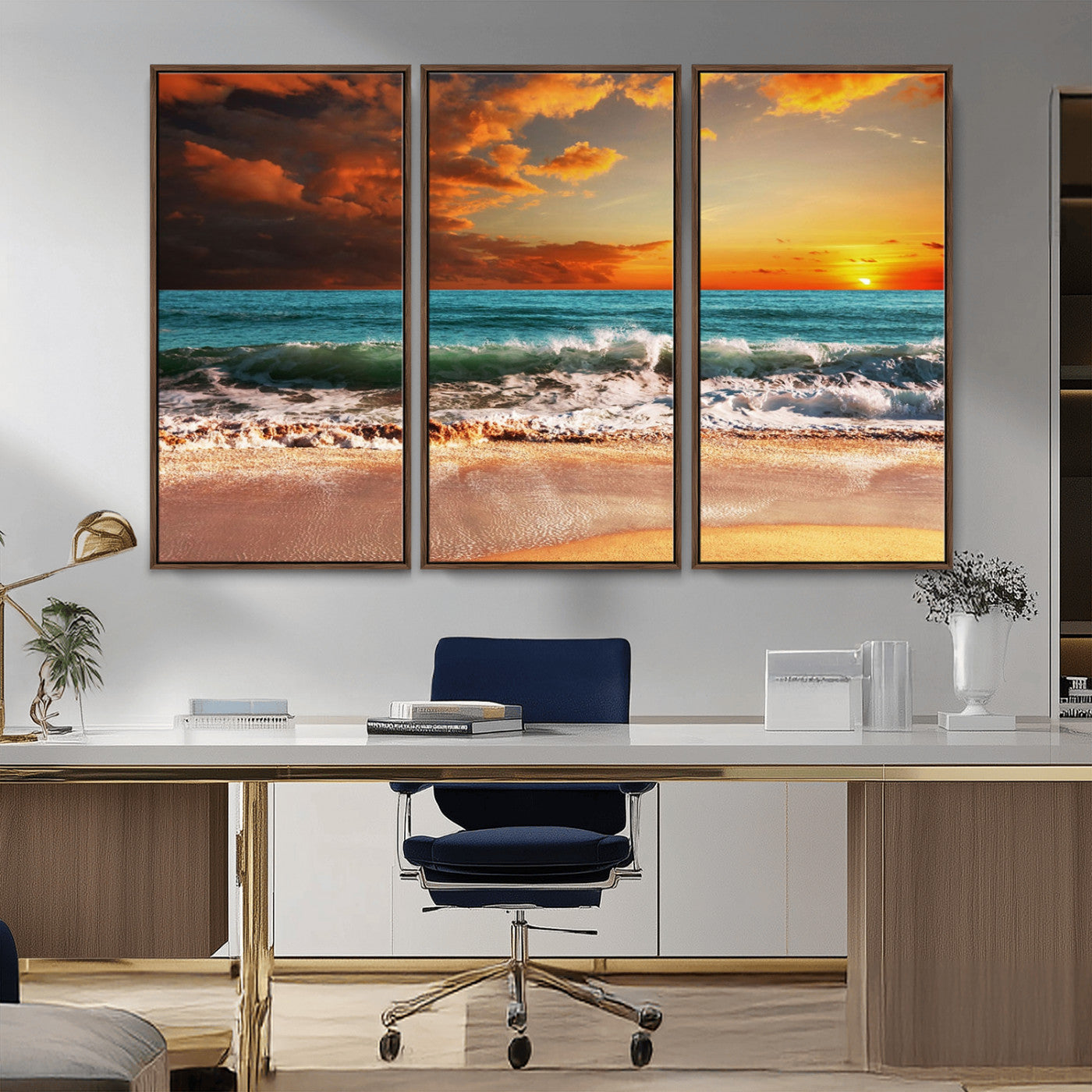 MGV-FC-48X32-3P - Golden Sunset Beach Canvas Wall Art – Triptych Seascape Print – Framed and Ready to Hang for Living Room or Office