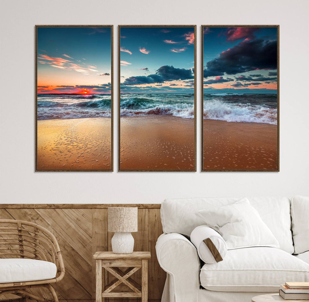 Sunset on Beach Wall Art: Waves under a vibrant sky. Crafted on museum-quality canvas, ready to hang and admire.