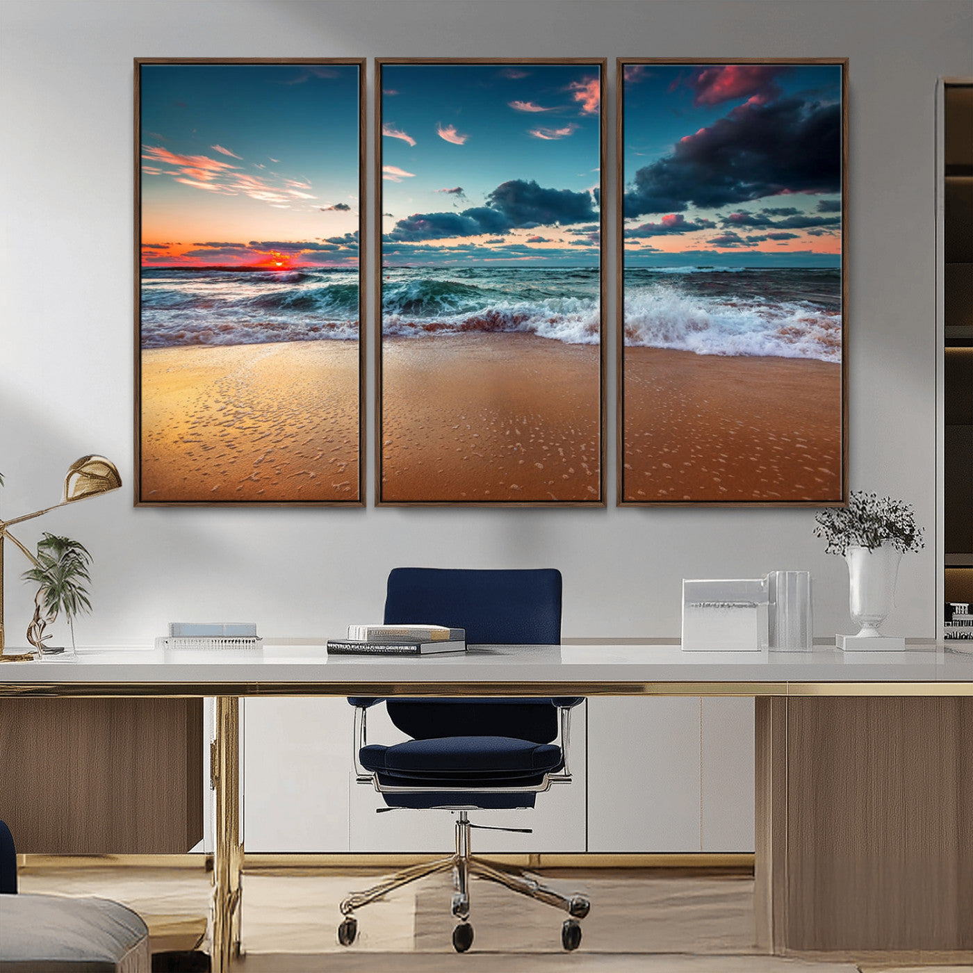 MGV-FC-48X32-3P - Sunset Ocean Beach Wall Art – Giclee Canvas Print, Coastal Seascape, Ready to Hang, Beach Decor, Large 3-Panel Set for Living Room