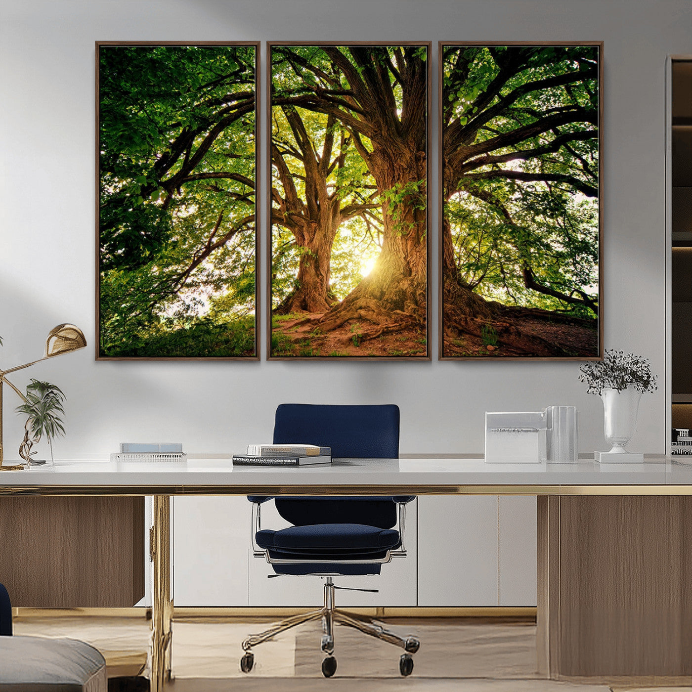 MGV-FC-48X32-3P - Majestic Ancient Tree Wall Art, Nature-Inspired Canvas Print, Woodland Art, Tree of Life Artwork, Sunlit Forest, Giclee Nature Print