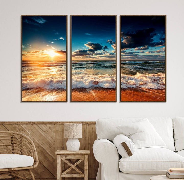 Golden Hour Sunset Over Ocean Waves Canvas: 3-Panel Coastal Landscape Art with Stunning Beach Photography Print.