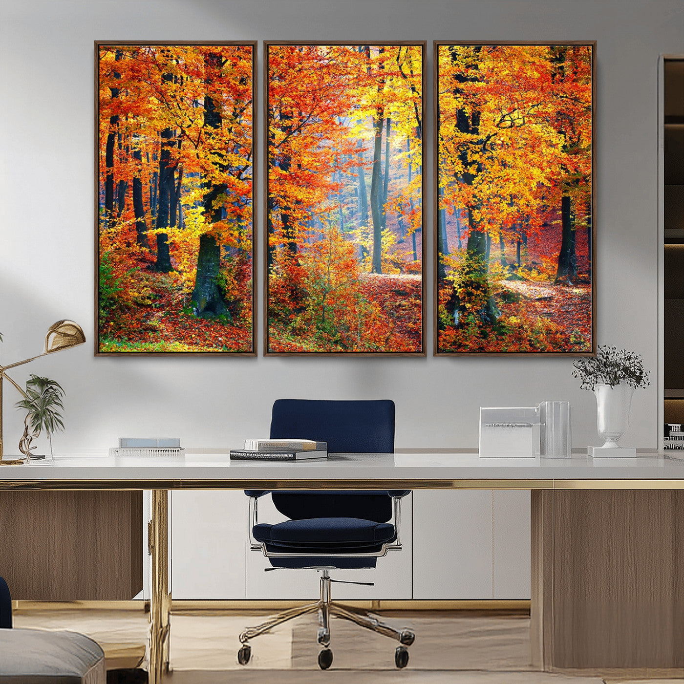 MGV-FC-48X32-3P - Autumn Red Forest Triptych Canvas Wall Art Print, Forest Wall Decor, Fall Landscape Art | Season Nature Landscape for Home or Office