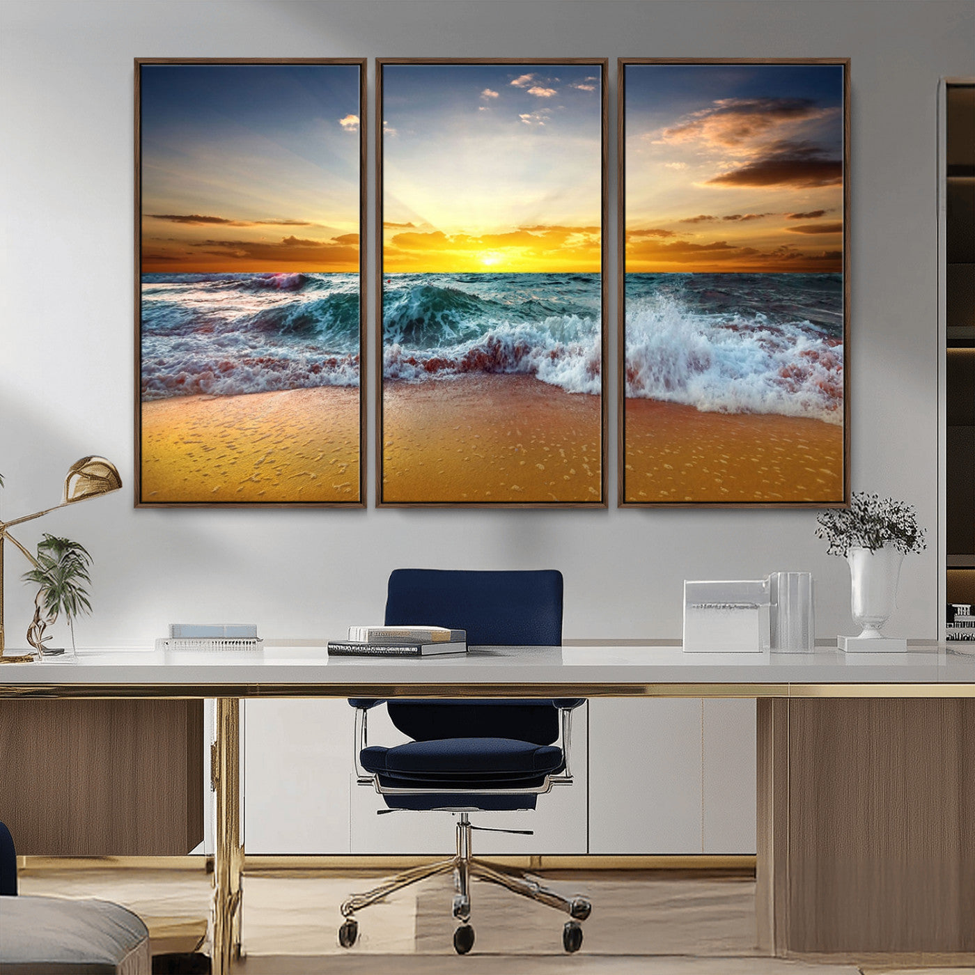 MGV-FC-48X32-3P - Golden Sunset Ocean Waves Wall Art Canvas Print – Multi Panel Beach Canvas Print Set – Large Coastal Triptych Print for Home or Farmhouse Decor