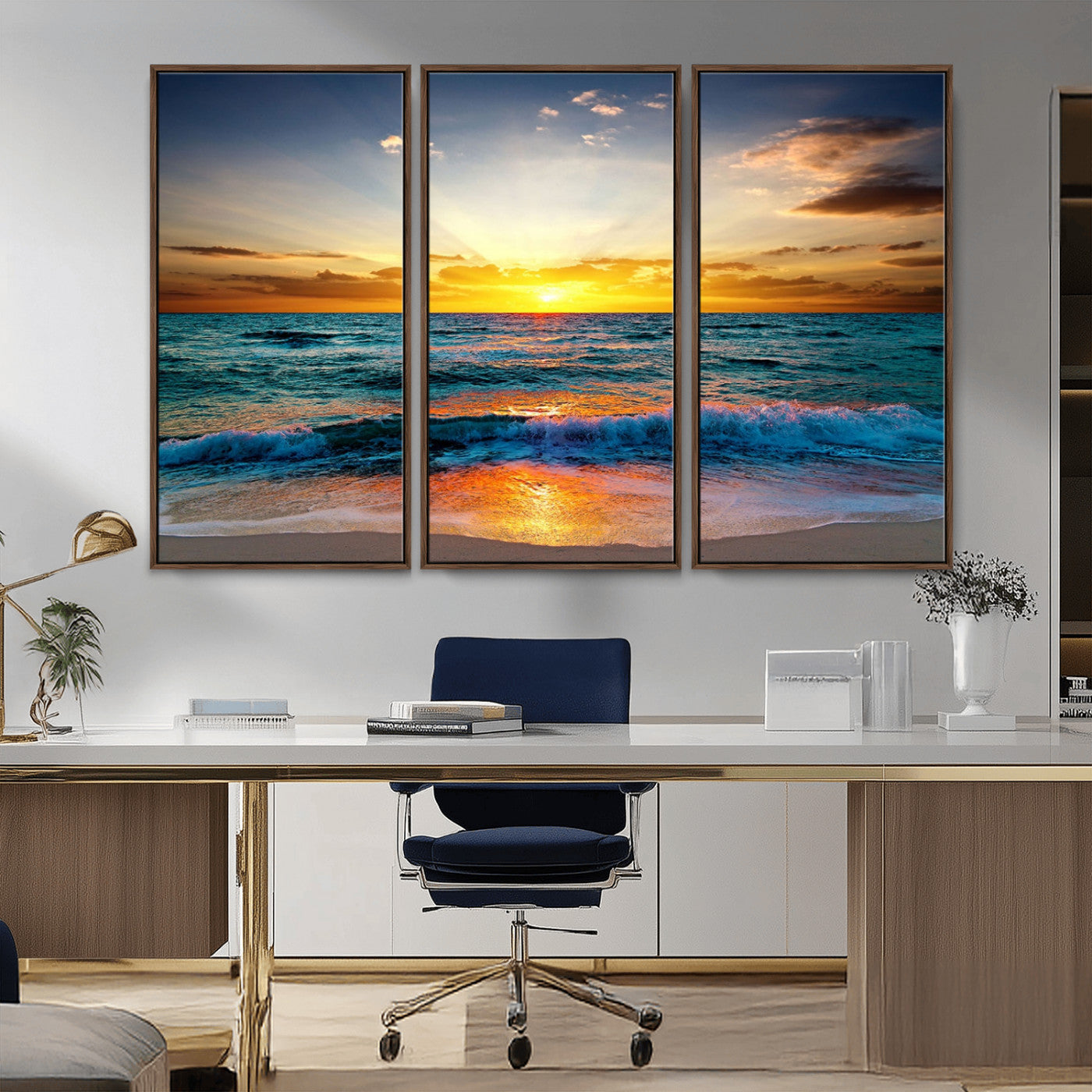 MGV-FC-48X32-3P - Vibrant Ocean Sunrise Over Golden Beach Waves, Giclee Canvas Wall Art Set, High-Quality Stretched Canvas Print, Ready to Hang Coastal Sunset Wall
