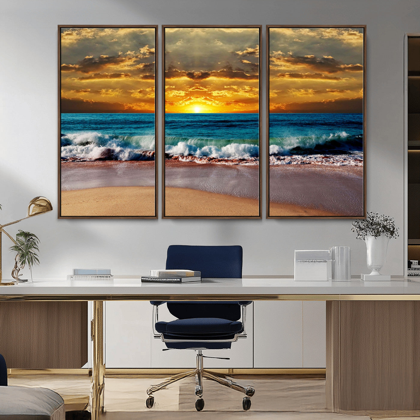 MGV-FC-48X32-3P - Ocean Sunrise Over Golden Beach Waves, Giclee Canvas Wall Art Set, High-Quality Stretched Canvas Print, Ready to Hang Coastal Sunset Wall Decor
