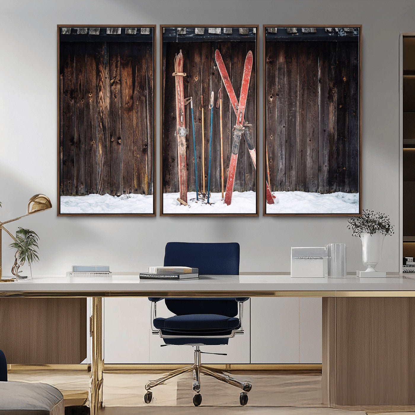 MGV-FC-48X32-3P - Vintage Ski Gear Against Wooden Cabin Wall, Rustic Winter Sports Equipment Canvas Print, Ready to Hang Wall Art, Perfect for Lodge or Ski Cabin Decor