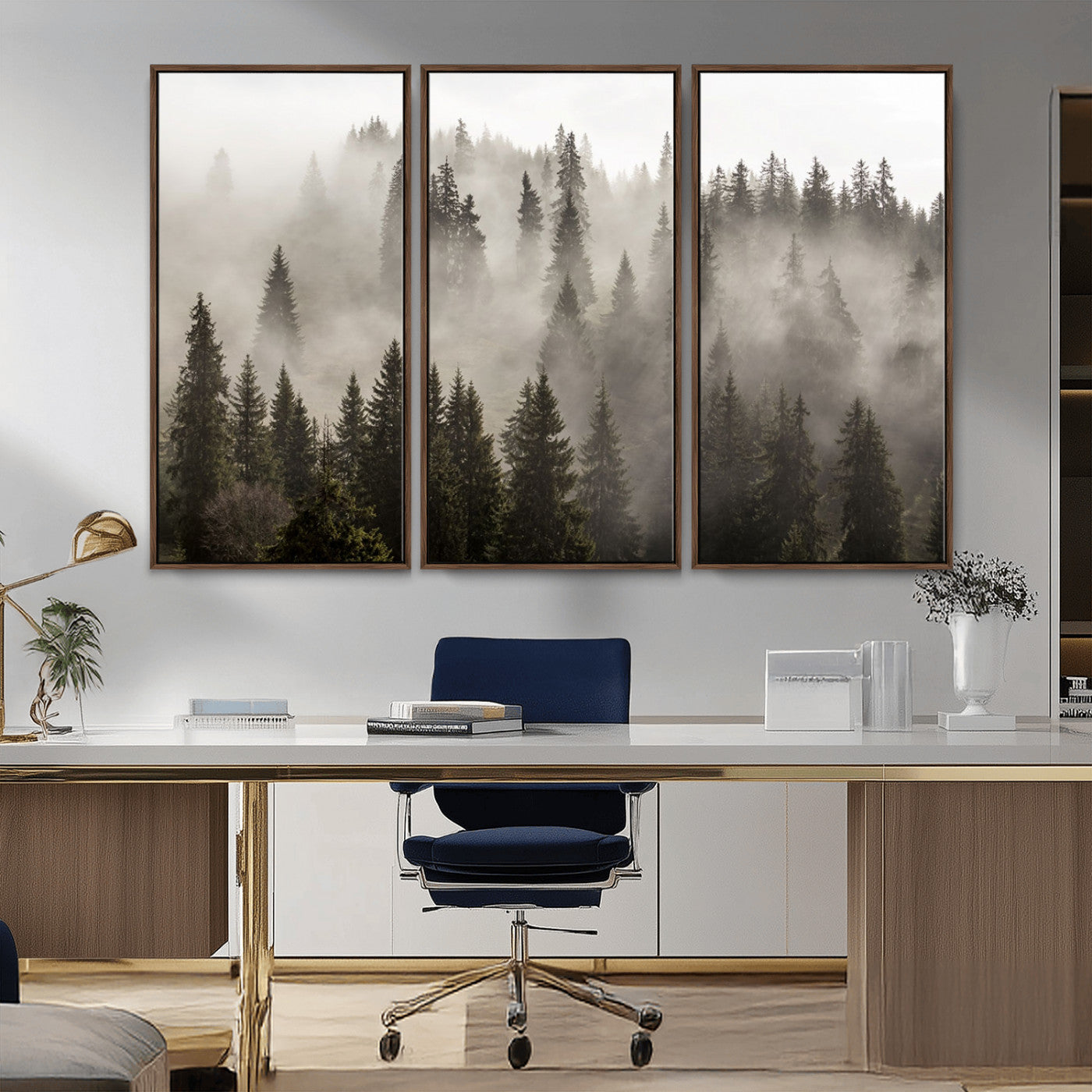 MGV-FC-48X32-3P - Foggy Mountain Wall Art | 3-Panel Foggy Forest and Mountain Landscape | Large Giclee Print for