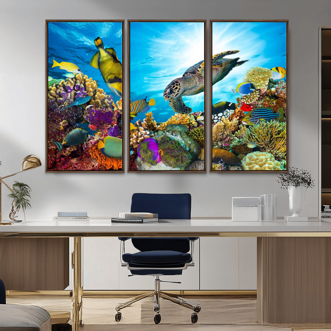 MGV-FC-48X32-3P - Sea Turtle Coral Reef Wall Art Print – Colorful Underwater Canvas Print – Tropical Ocean Marine Life Artwork – Perfect for Coastal Home Decor