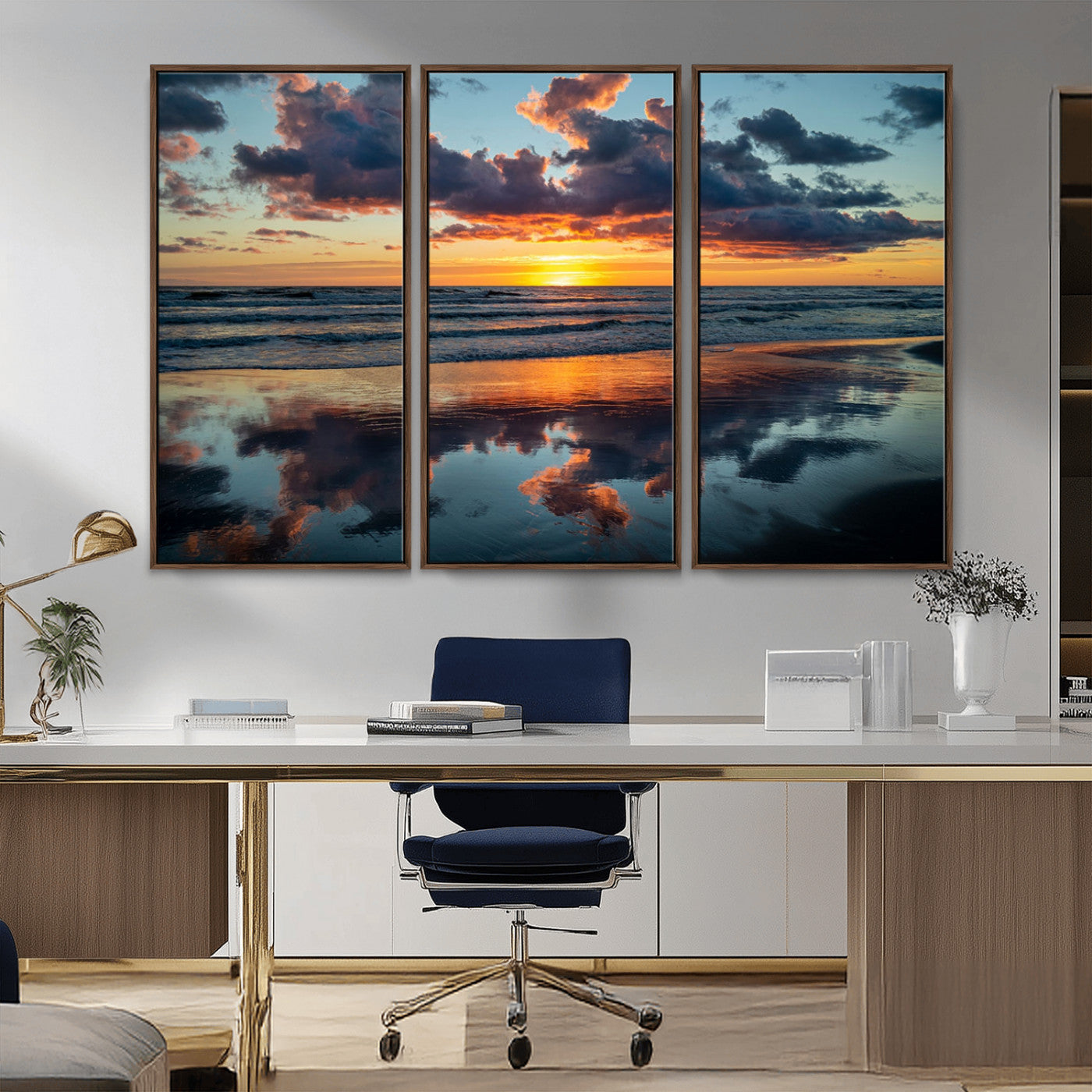 MGV-FC-48X32-3P - Beach Sunset Print - Stunning Ocean Canvas Artwork with Sunset Reflection Design for Elegant Home or