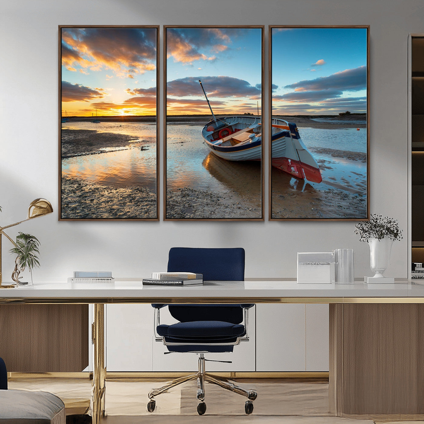 MGV-FC-48X32-3P - Small Boat At The Beach Sunset Wall Art, Boat Sunset Wall Art Canvas Print