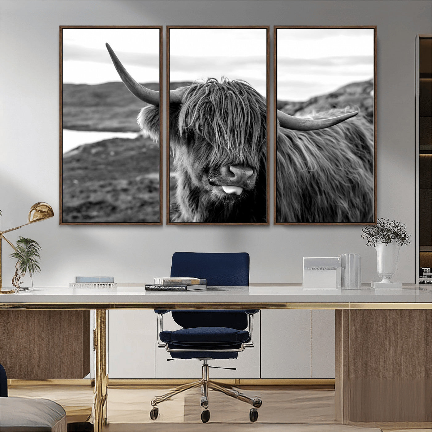 MGV-FC-48X32-3P - Highland Cow Canvas Wall Art – Black and White Animal Portrait – Framed and Ready to Hang Rustic Farmhouse Decor for Living Room or Office