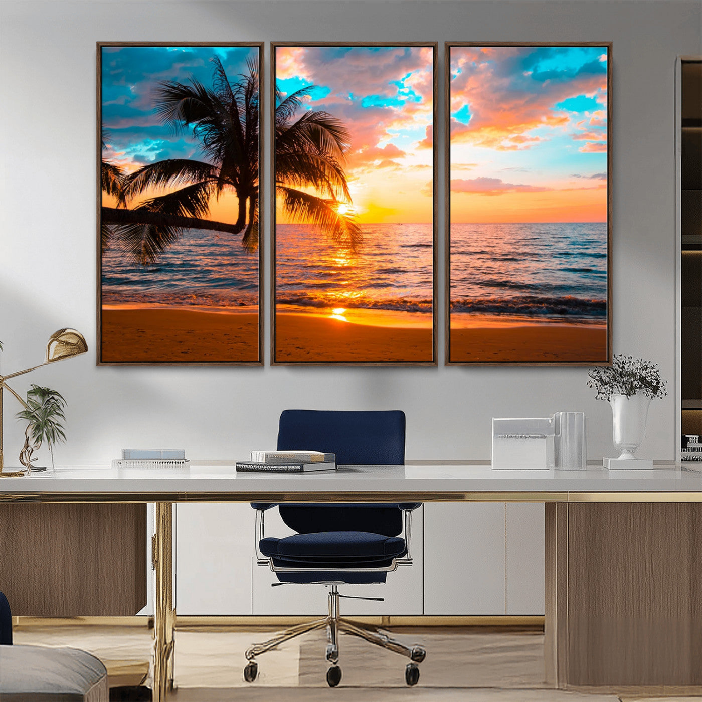 -Palm Tree Sunset On The Beach Wall Art Canvas, Framed Palm Tree Sunset Canvas Print