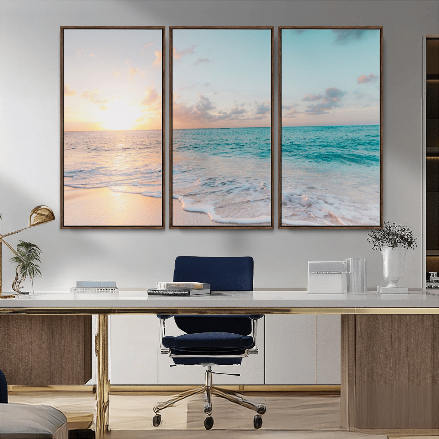 MGV-FC-48X32-3P - Tranquil Ocean Beach Sunset Canvas Wall Art | 3-Panel Coastal Decor