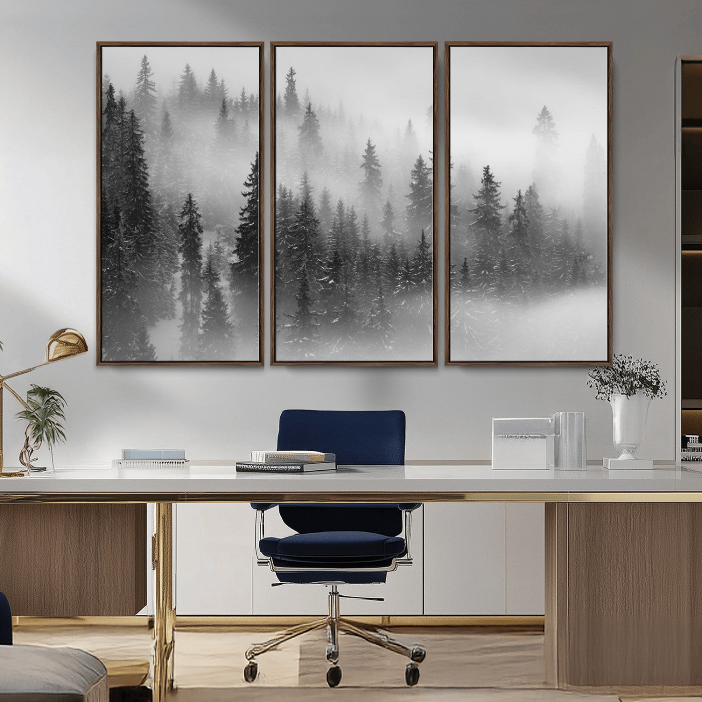 MGV-FC-48X32-3P - Black and White Forest Wall Art Print – Misty Pine Tree Canvas Print – Winter Woodland Nature Artwork – Perfect for Minimalist Home Decor