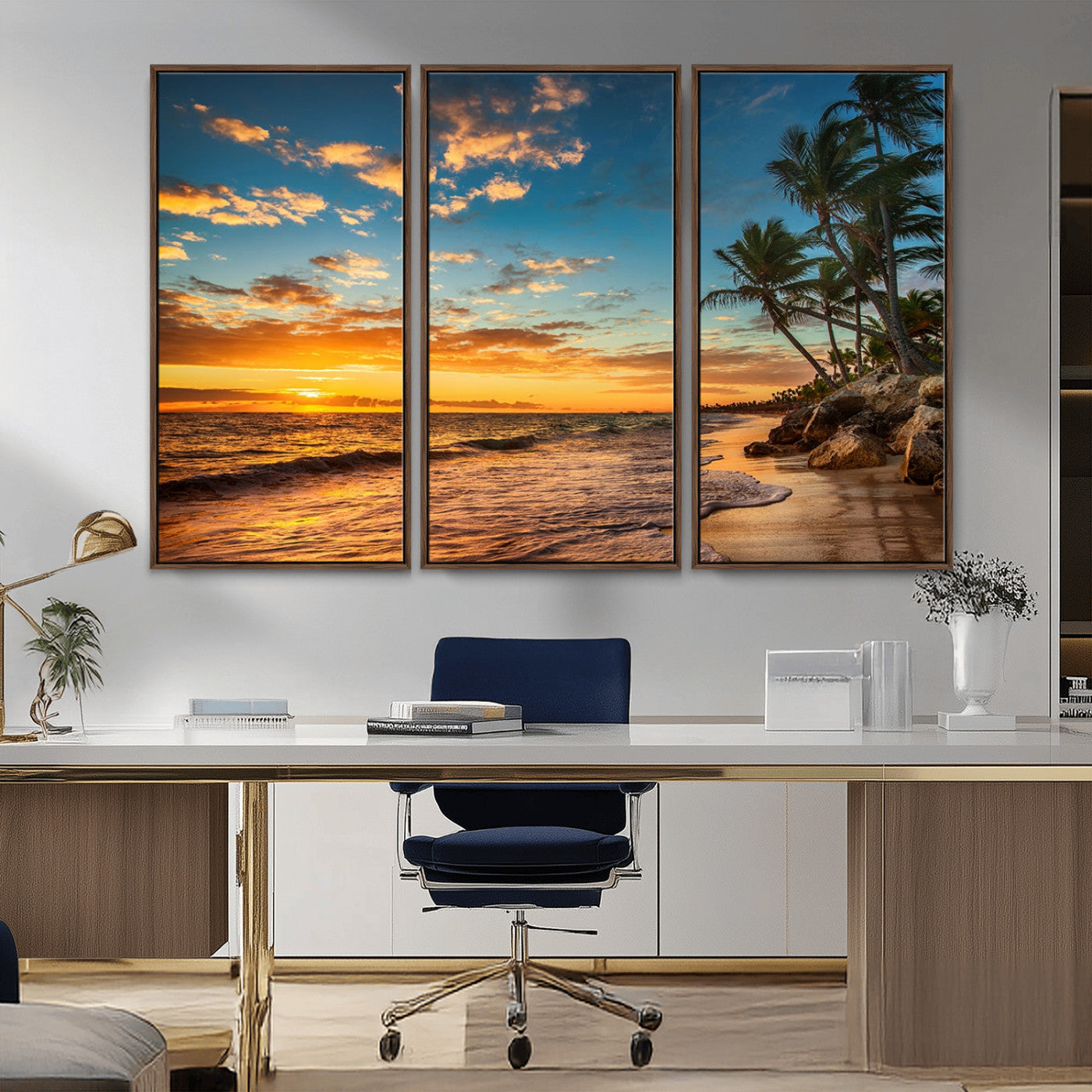 MGV-FC-48X32-3P - Tropical Beach Sunset Wall Art Print – Palm Tree Coastal Canvas Print – Ocean Seascape Artwork – Perfect for Tropical Modern Home Decor