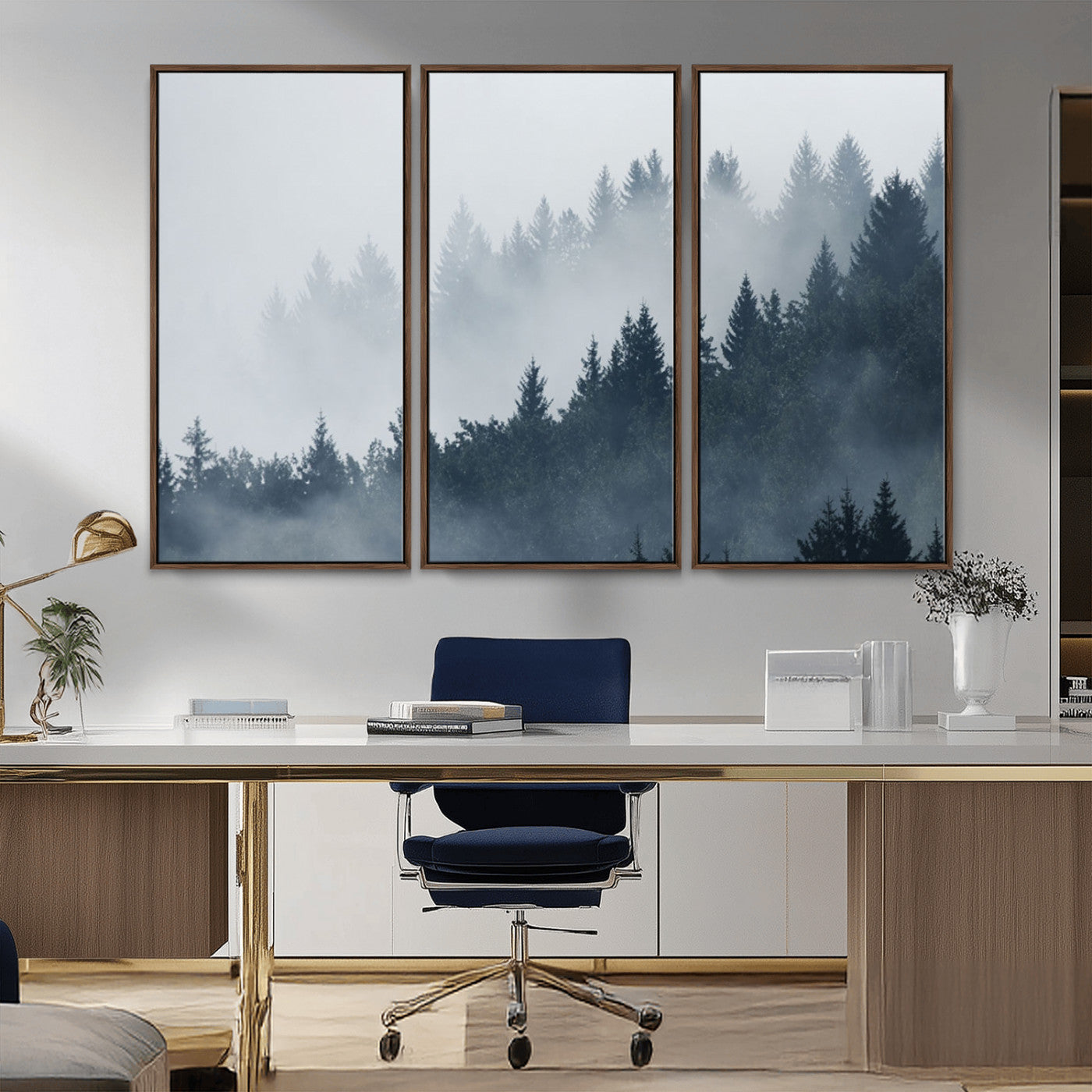 MGV-FC-48X32-3P - Misty Forest Wall Art Print – Foggy Pine Tree Canvas Print – Dark Woodland Nature Artwork – Perfect for Minimalist and Modern Home Decor