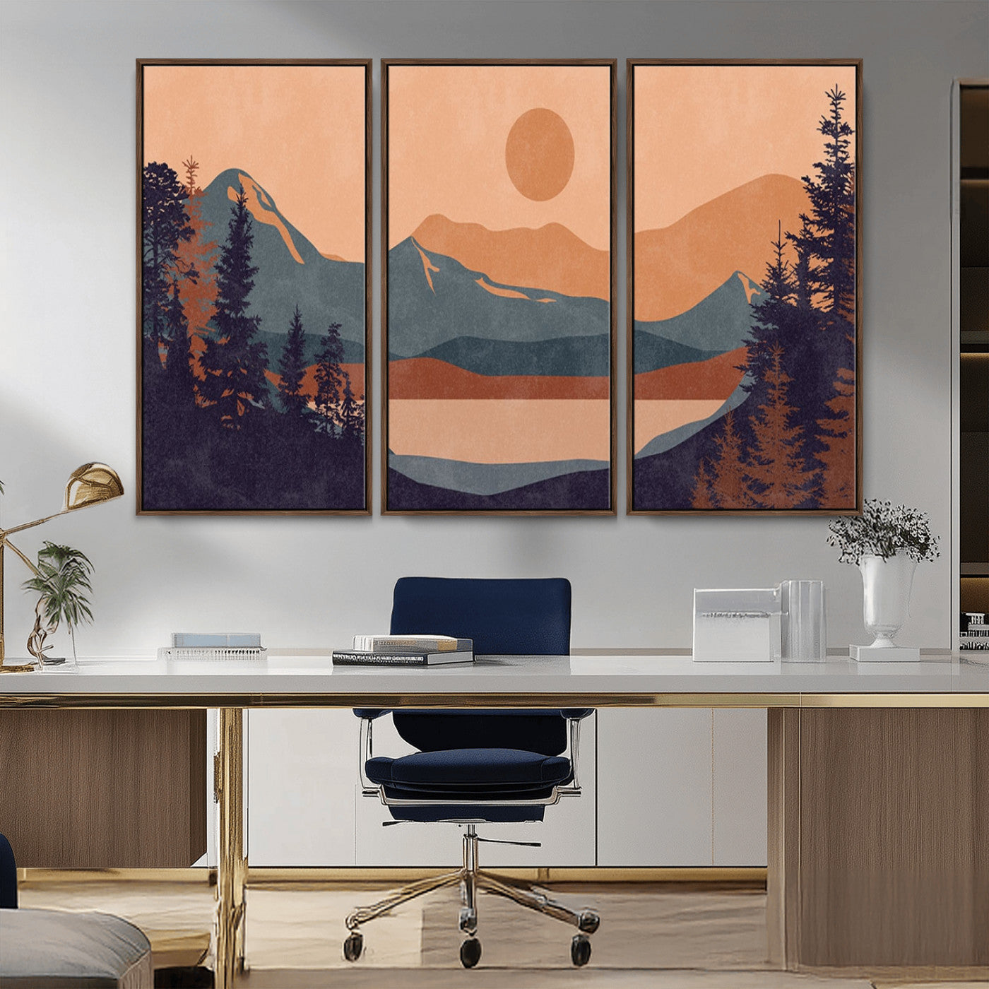 MGV-FC-48X32-3P - Modern Boho Sunset Canvas Print, Mountain Landscape Triptych – Giclée Canvas Art Print for Living