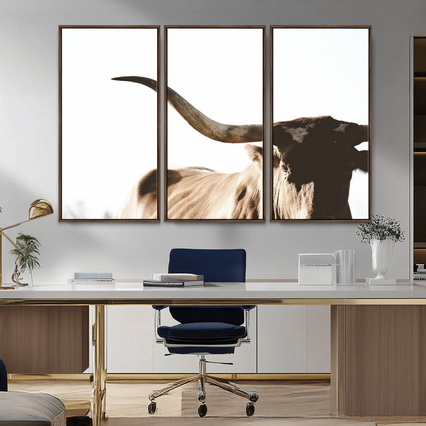 MGV-FC-48X32-3P - Texas Longhorn Wall Art Canvas Print | 3-Panel Large Longhorn Canvas Print for Living Room, Framed Gallery Wrap Office, Rustic Western Cowboy Decor