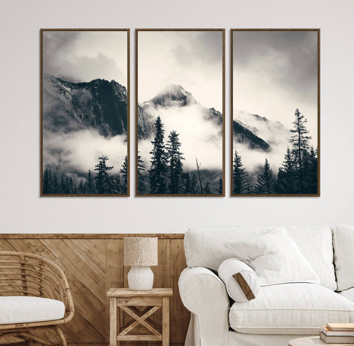 Forest Mountain Print - Black and White Canvas.