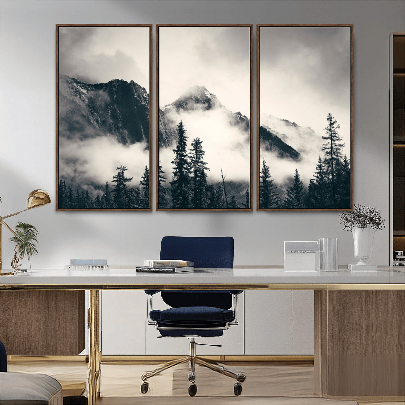 MGV-FC-48X32-3P - Large Foggy Mountain Forest Wall Art Canvas Print | Misty Mountain Peaks and Pine Trees Print | Framed Gallery Wrap | Rustic Nature Farmhouse Decor