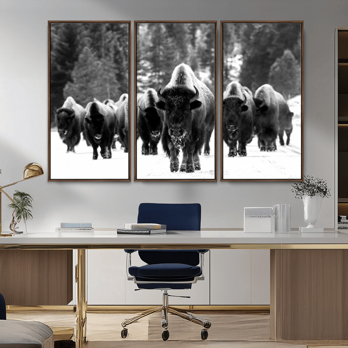 62434-MGV-CV-36X24-Bison Herd in Snow Wall Art Canvas Print | Rustic Western Bison Wall Art for Decor for Living Room,