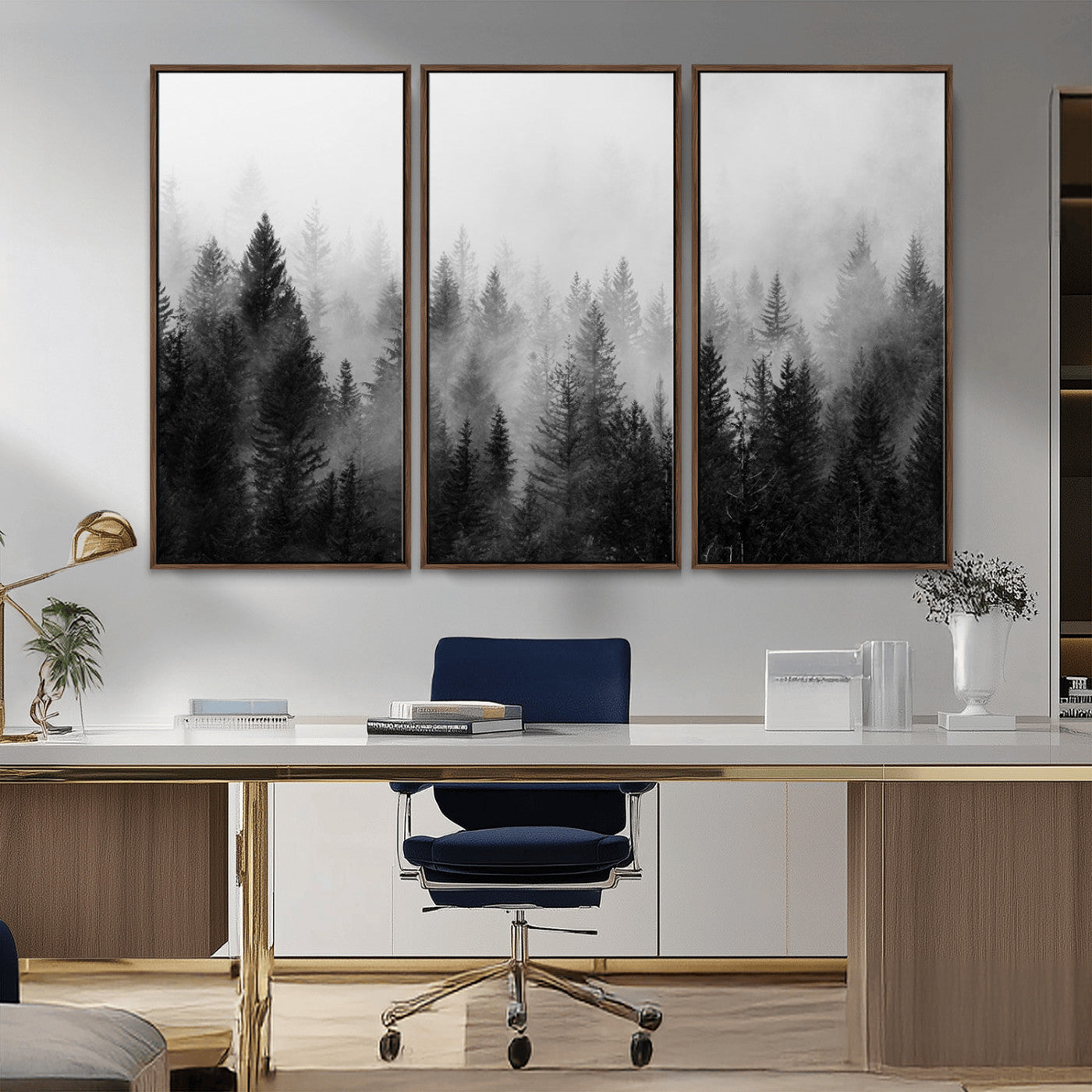 MGV-FC-48X32-3P - Foggy Black and White Forest Wall Art, 3 Panel Misty Pine Trees Canvas Print for Living Room, Office, or Bedroom, Nature-Inspired Woodland Wall Decor