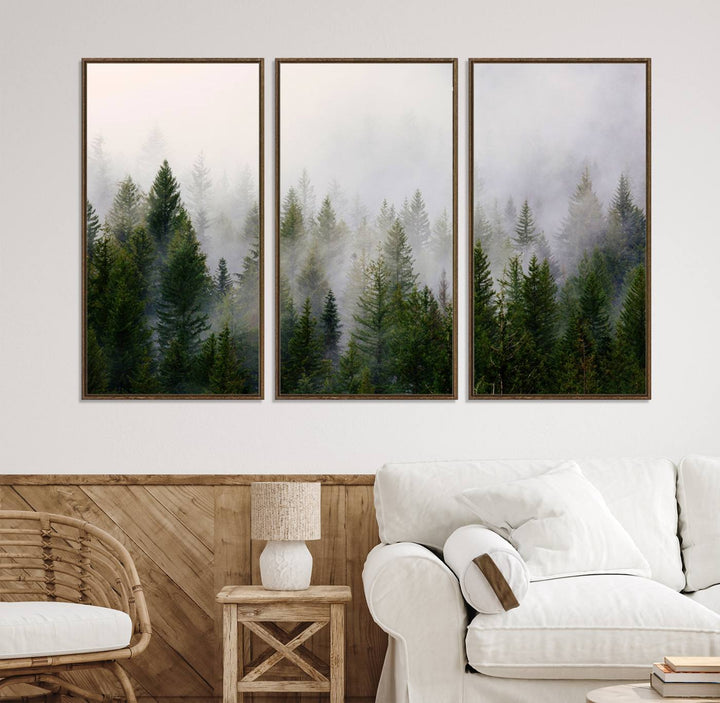 A serene, foggy evergreen forest creates a mysterious atmosphere, ideal for premium canvas wall art.