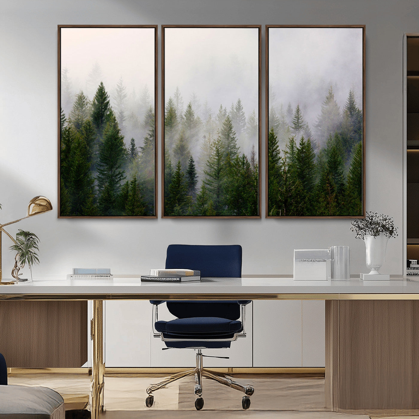 MGV-FC-48X32-3P - Misty Pine Forest Wall Art Canvas Print | 3 Panel Green Woodland Canvas Print for Living Room, Office, or Dining Room | Nature Foggy Forest Decor