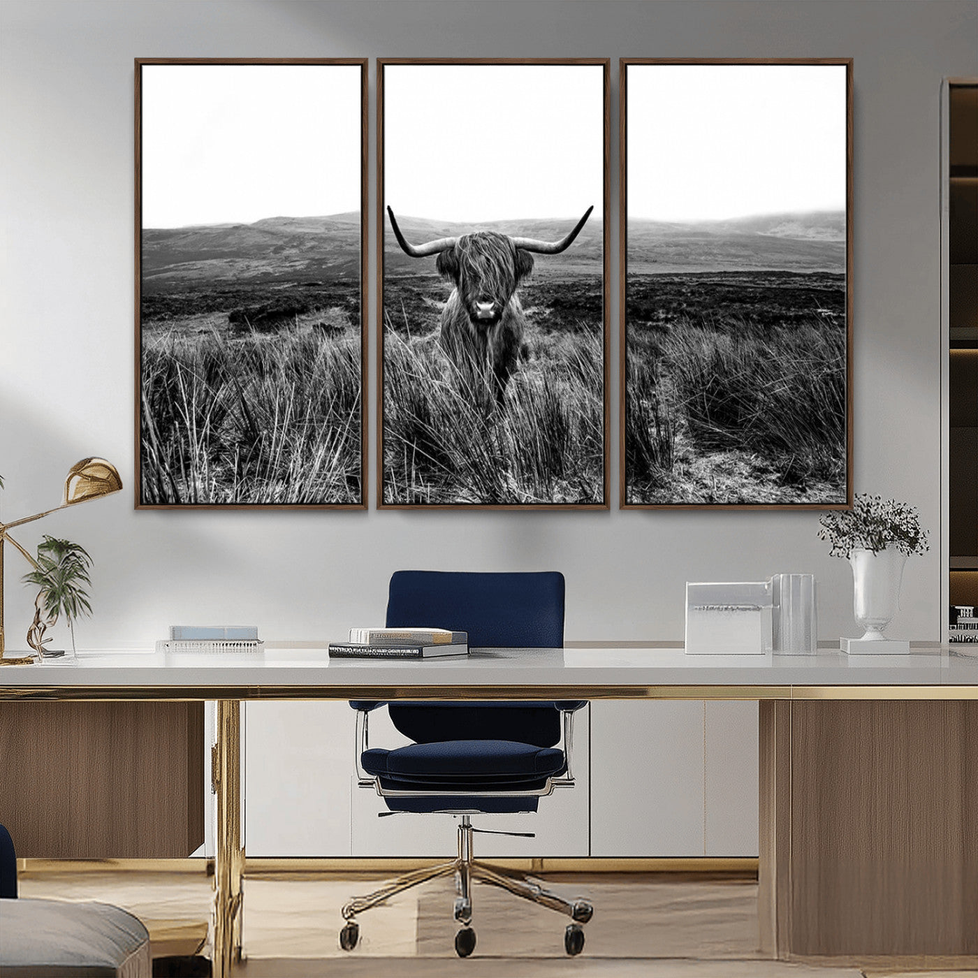 MGV-FC-48X32-3P - Black and White Highland Cow Canvas Wall Art, Longhorn Triptych Western Wall Decor for Cabin -