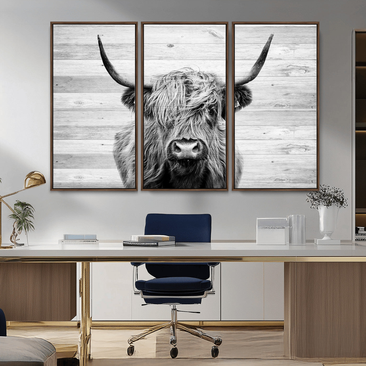 MGV-FC-48X32-3P - Scottish Highland Cow Cattle Art Print on Wood Background Style