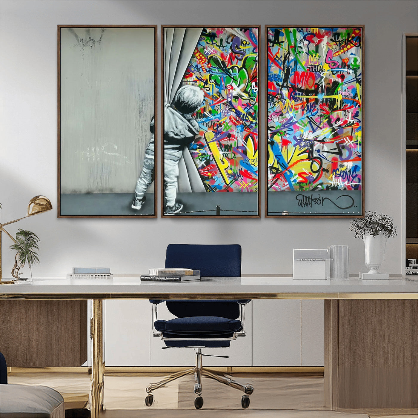 MGV-FC-48X32-3P - Banksy Colorful Street Graffiti Canvas Wall Art Print, Modern Art Triptych, Child and Graffiti Wall, Urban Art for Home or Office Decor