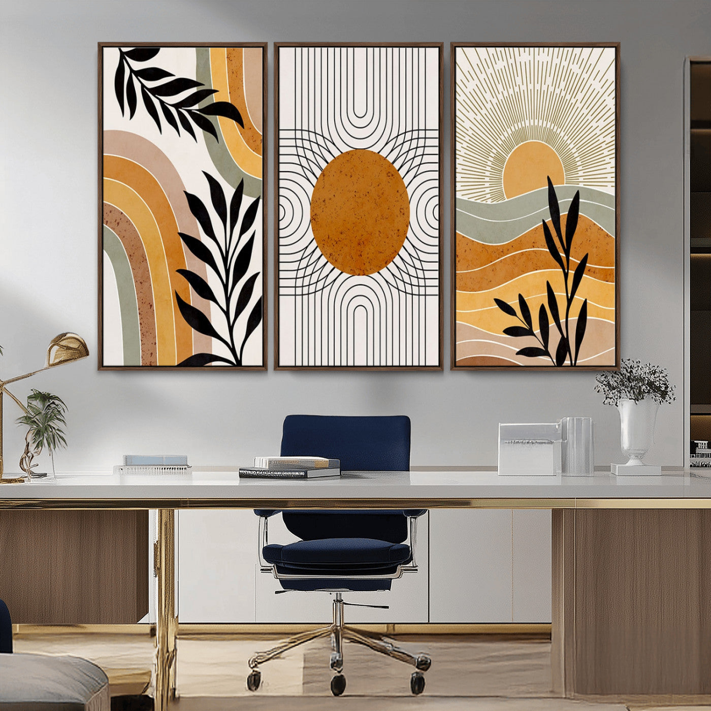MGV-FC-48X32-3P - Modern Boho Sun and Leaf Abstract Art – 3-Panel Giclée Canvas for Mid-Century Modern or Bohemian