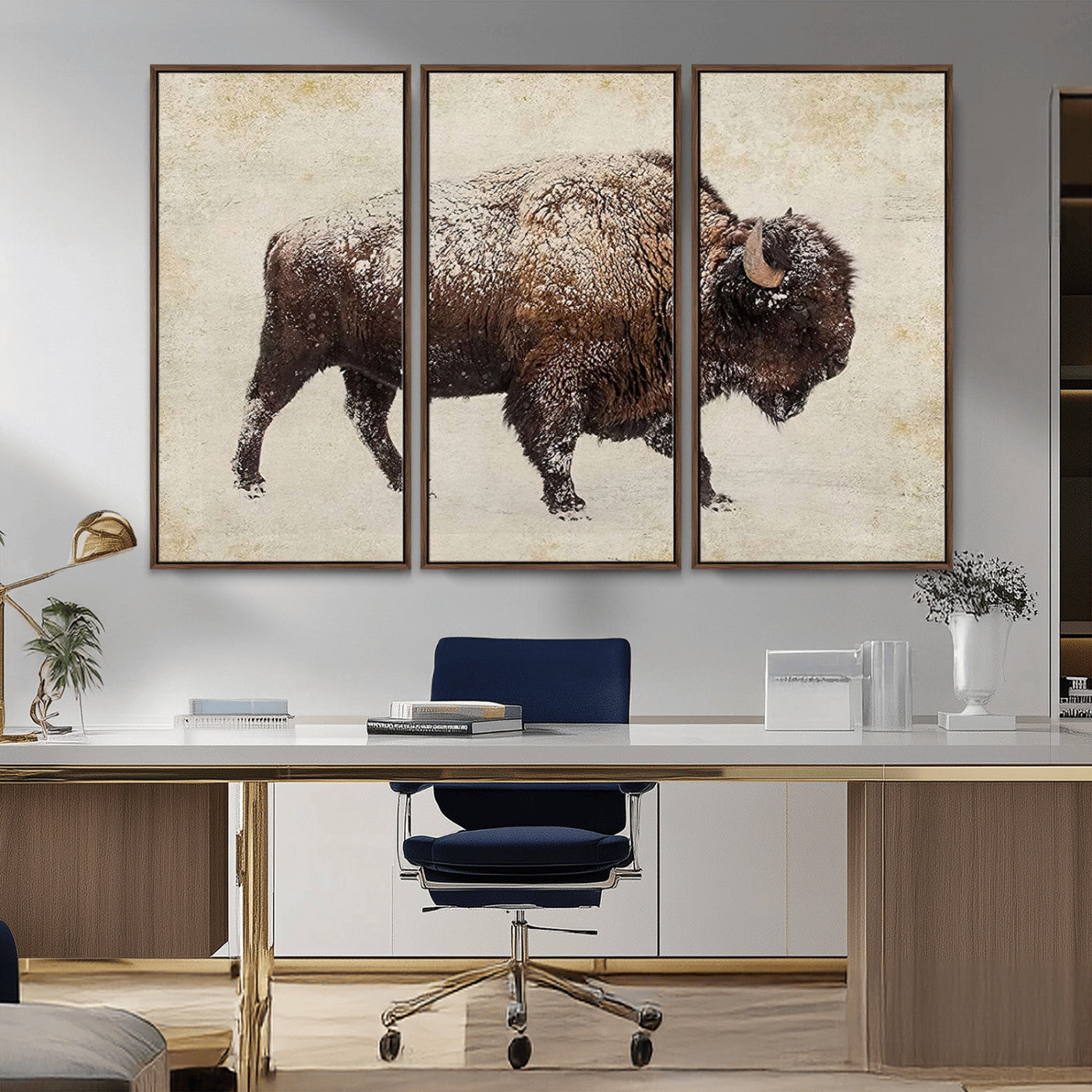 MGV-FC-48X32-3P - Buffalo Wall Art, Western Bison Canvas Print, Rustic Buffalo Art for Cowboy Western Decor, Large Multi-Panel Giclee Canvas for Farmhouse Wall Decor