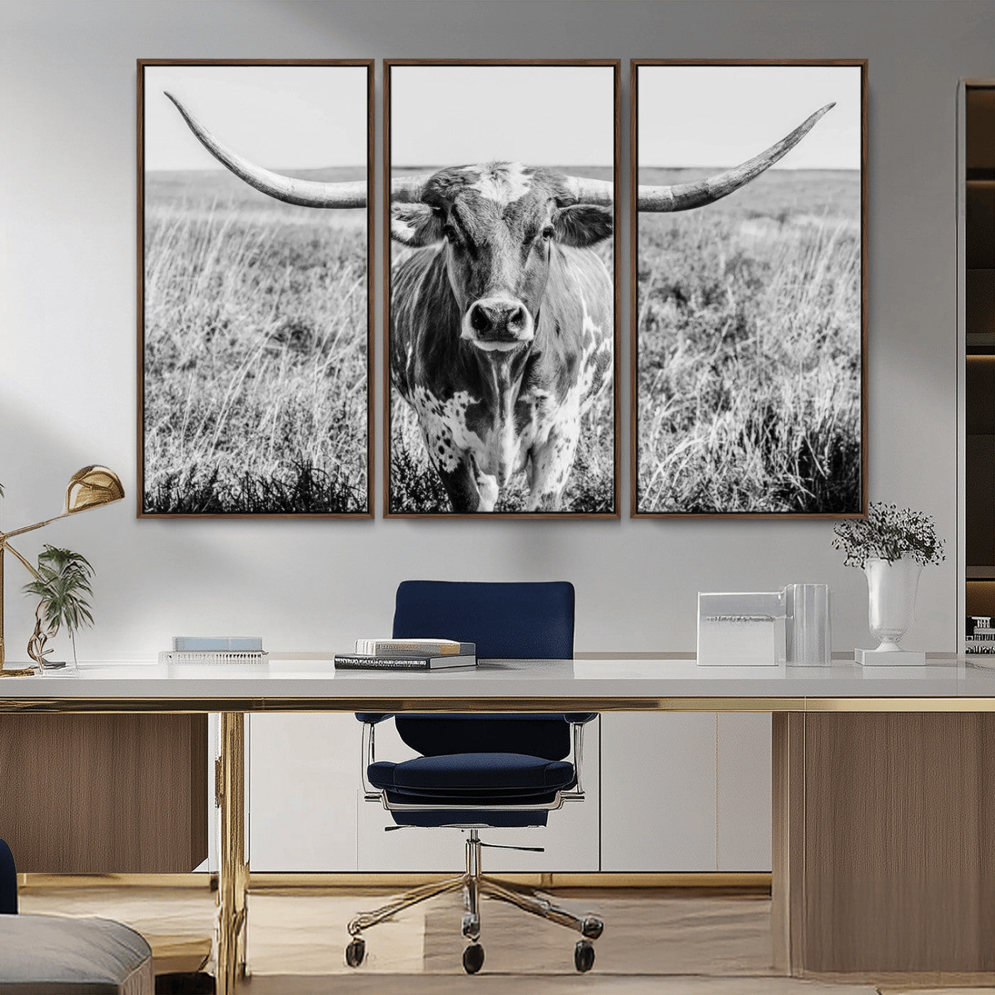MGV-FC-48X32-3P - Texas Cow Longhorn Wall Art Canvas Print for Farm House Wall Decor, Farmhouse Wall Art Print