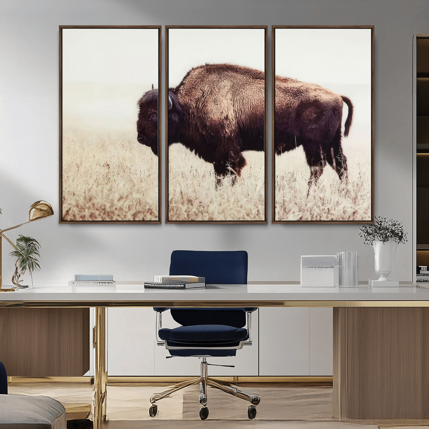 MGV-FC-48X32-3P - Bison in Field Wall Art Canvas Print For Farmhouse Barn Decor