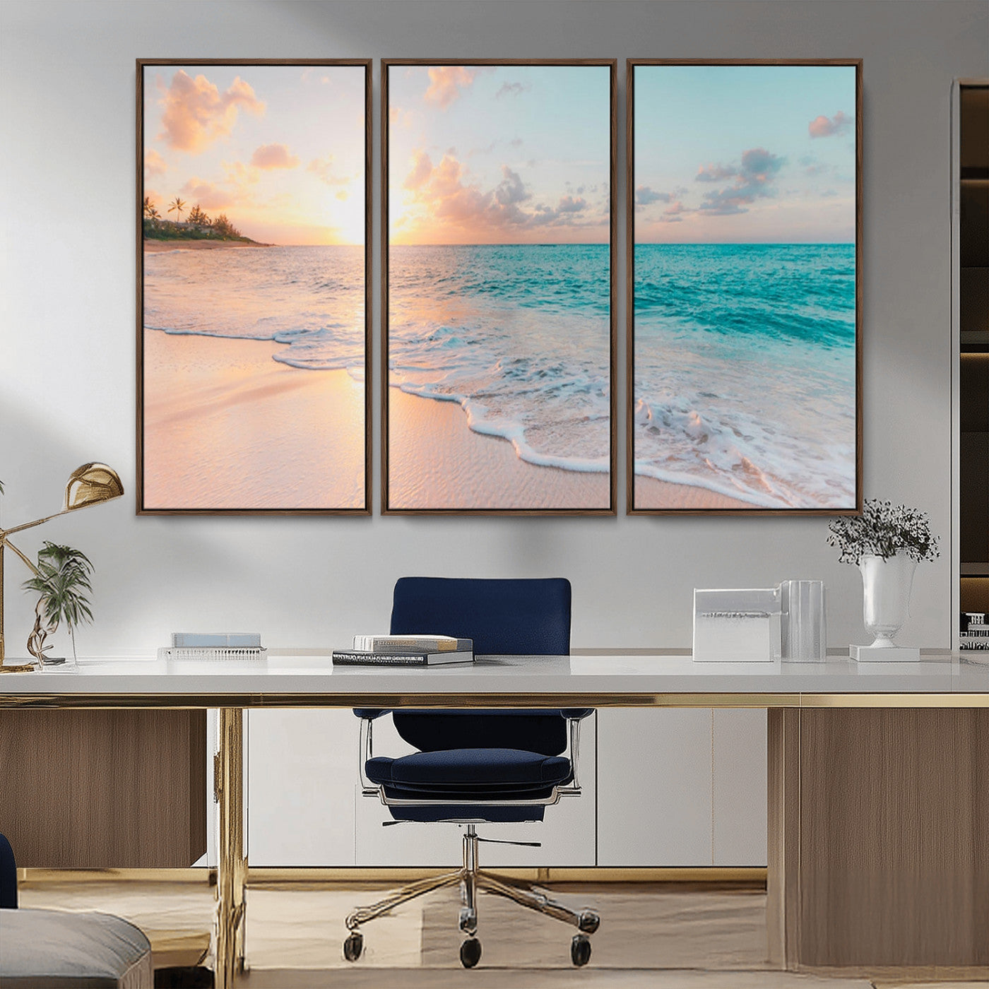 MGV-FC-48X32-3P - Beach Sunrise Wall Art, Coastal Seascape Canvas Print, Ocean Wave Multi-Panel Giclee, Coastal Sunset Beach Scene for Modern Decor