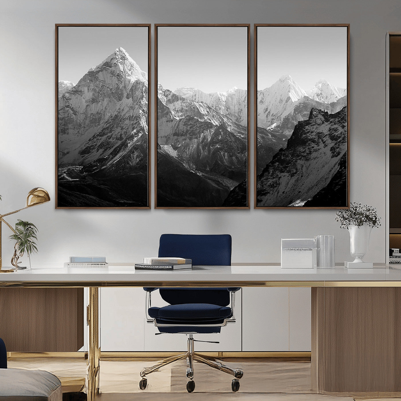 MGV-FC-48X32-3P - Everest Himalaya Mountain Peaks Black & White Triptych Canvas Art – Mountain Wall Decor for Minimalist Interiors