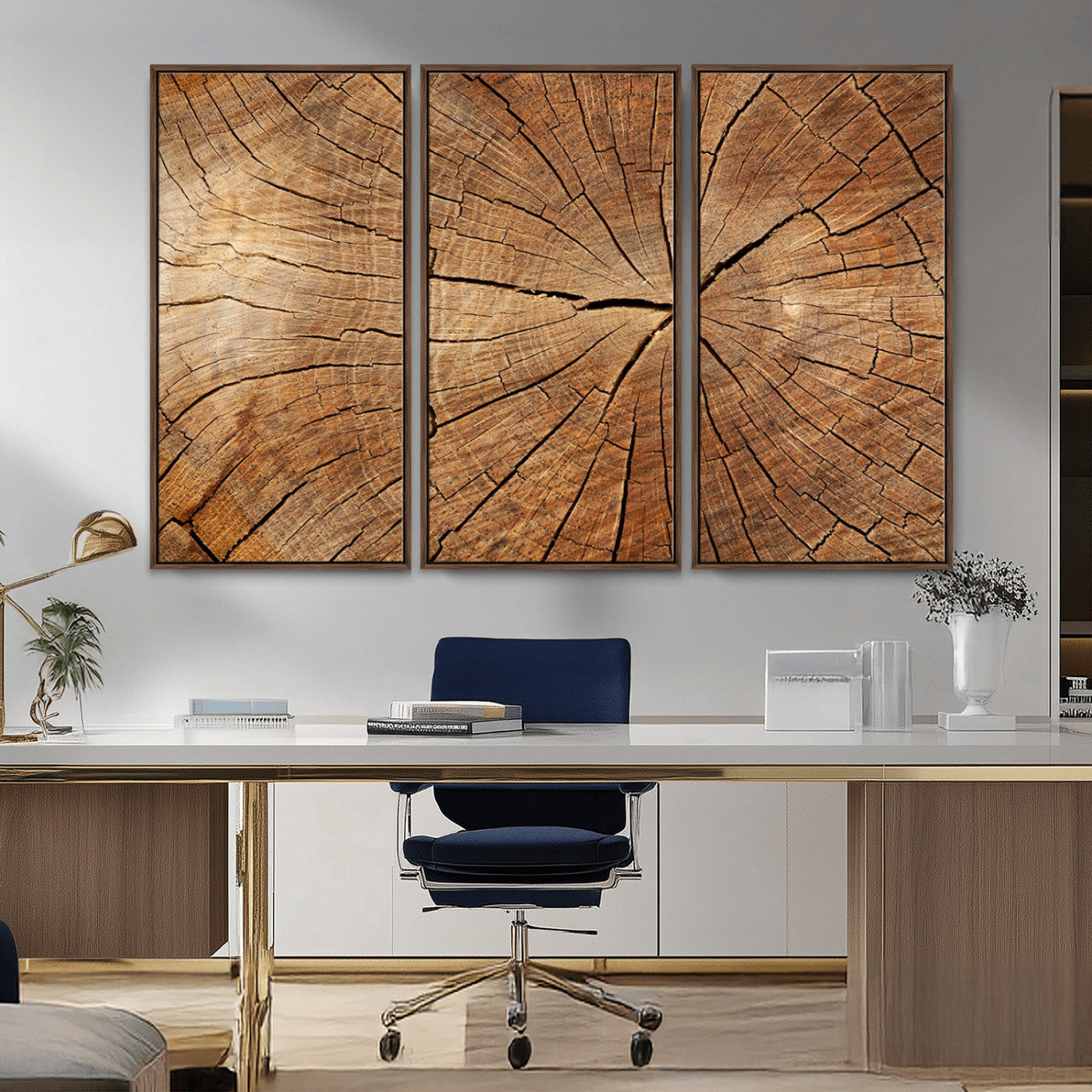 MGV-FC-48X32-3P - Tree Ring Canvas Art, Rustic Wood Grain Wall Art, Tree Slice Decor for Modern Homes, Giclee Multi-Panel Print, Tree Ring Wall Art Set