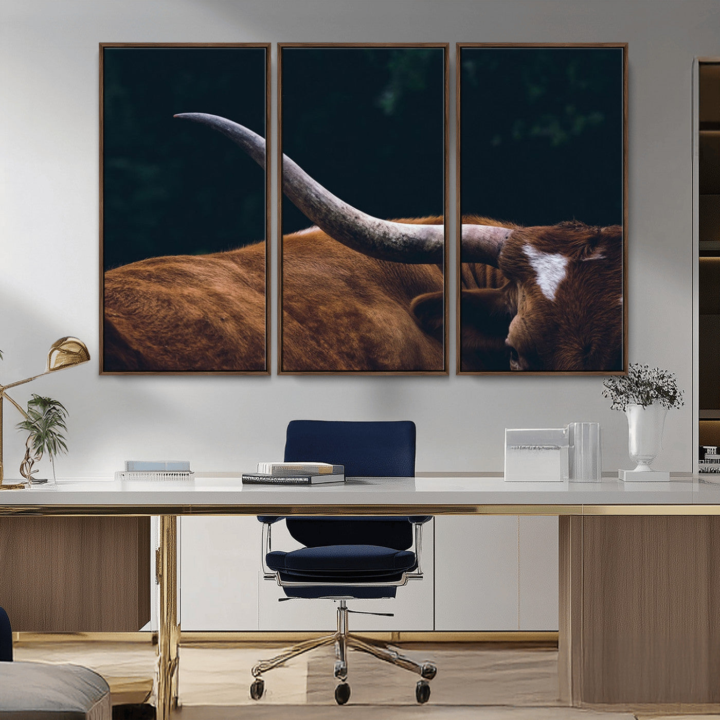 MGV-FC-48X32-3P - Texas Longhorn Bull Wall Art Canvas Print - Large Framed Canvas Wall Art, Animal Print for Rustic Home or Office Décor, Farmhouse Cabin Wall Decor